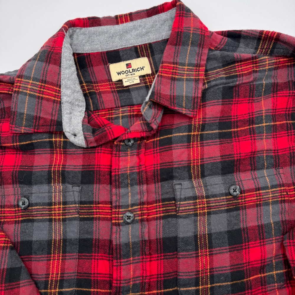 Woolrich Men's‎ Large Flannel Shirt Long Sleeve Button Up Plaid Red Gray